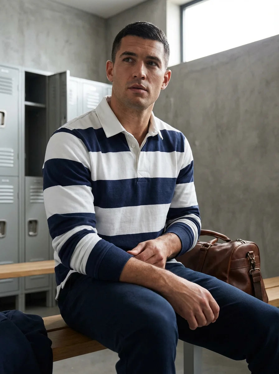 Long Sleeve Rugby Style Striped Polo Shirt - Heavyweight Cotton Wholesale